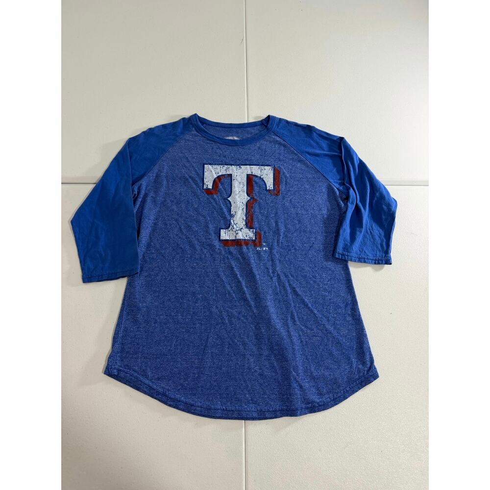 Texas Rangers Raglan T-Shirt Mens Medium Blue Distressed Majestic Threads MLB